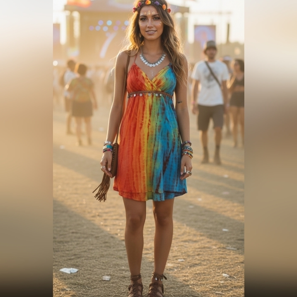 Allen Schwartz Tie Dye Mini Dress Orange Blue Yellow Size 10